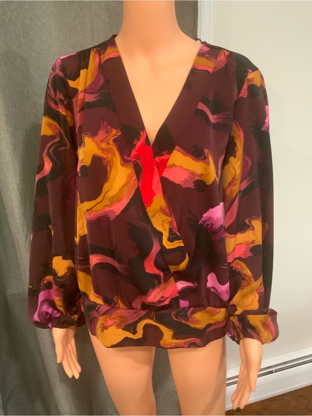 Nine West Burgundy Abstract Wrap Blouse with Mustard & Fuchsia Accents - Picture 2 of 3